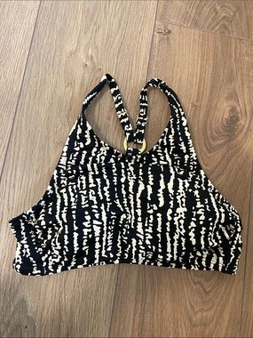 Kona Sol Black and Cream High Neck Bikini Top with Ring Detail